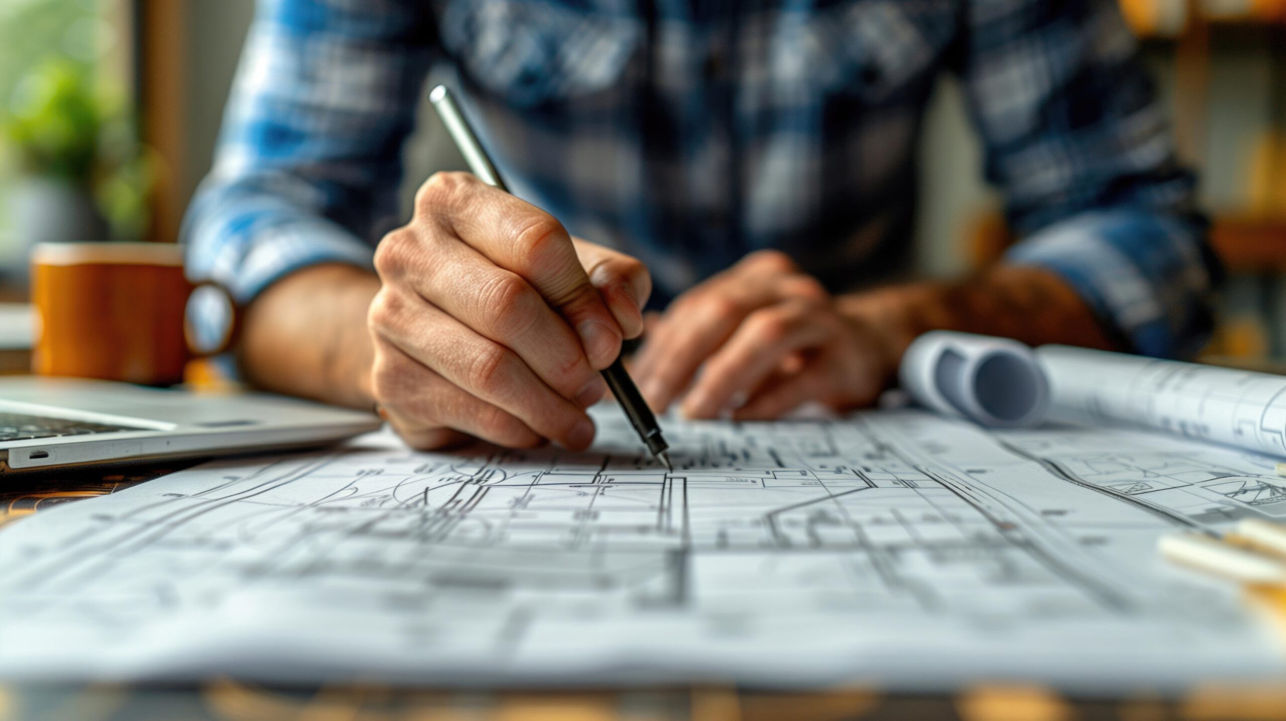 Person working on architectural drawings with pen, tablet, and blueprint. Office setting, casual professional attire.